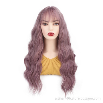 Aisi Hair New Design Hot Selling Long With Neat Bangs Body Wave Purple Heat Resistant Fiber For Black Women Synthetic Hair Wigs